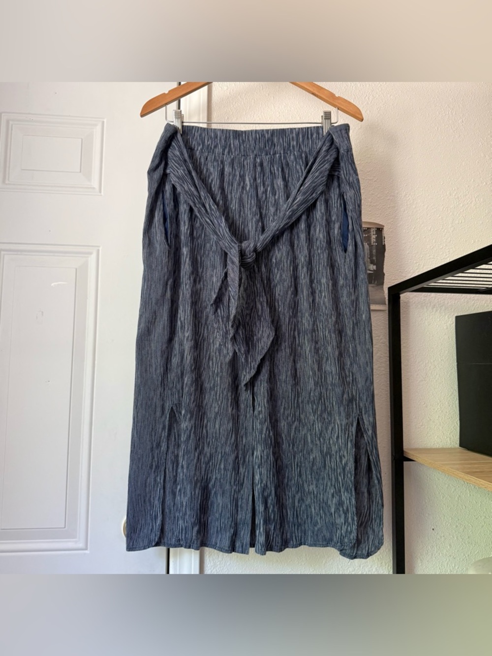 ZERO + MARIA CORNEJO blue cotton gauze textured tie waist knee midi skirt